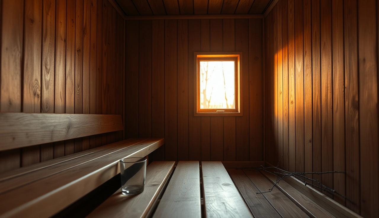 Glass of water on a wooden bench inside a Finnish sauna, warm light
