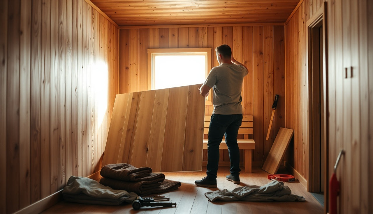Two people disassembling prefab sauna cedar panels in a bright room