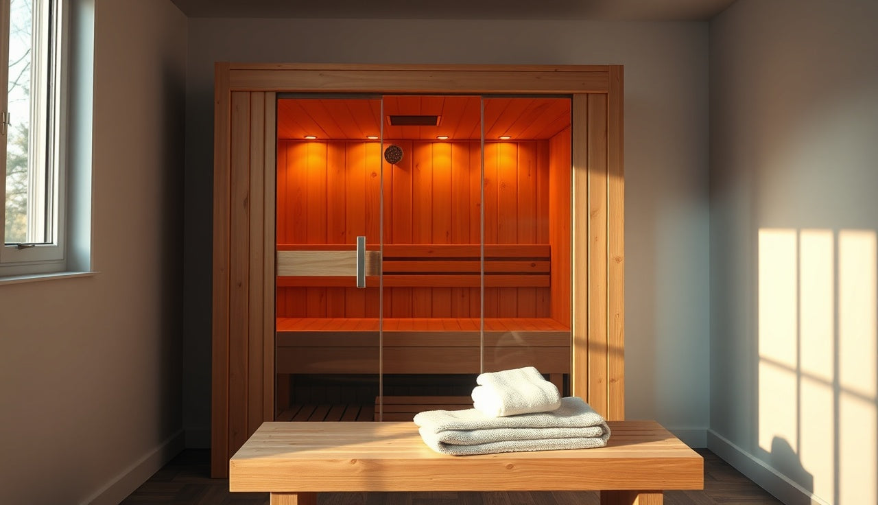 Cedar indoor infrared sauna cabin with warm amber panel light in a home gym