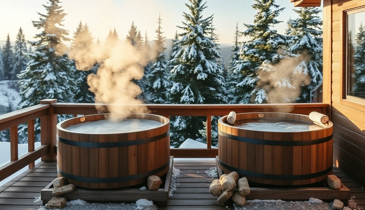 Steaming hot tub and cold plunge tub side by side on an outdoor cedar deck