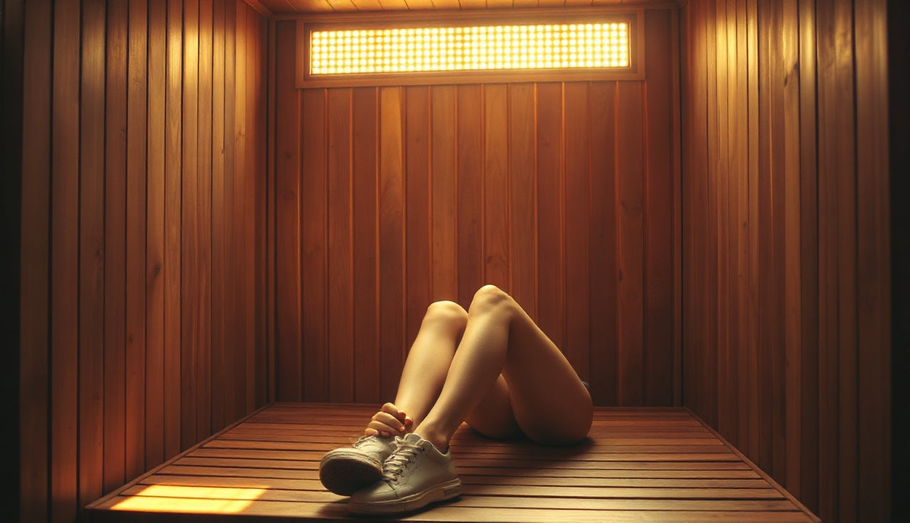 Person seated inside a cedar infrared sauna with warm glowing panels for pain relief
