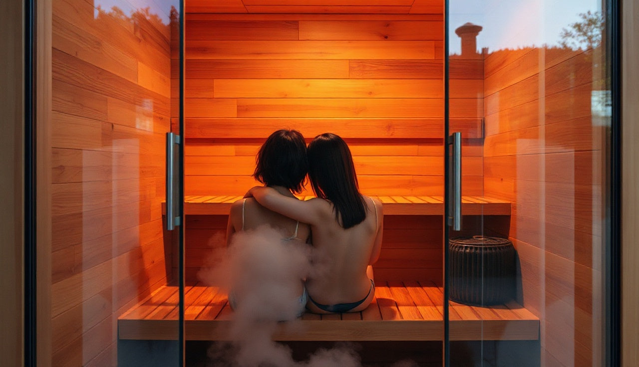 Two adults seated inside a cedar hybrid infrared steam sauna with warm amber panel lighting