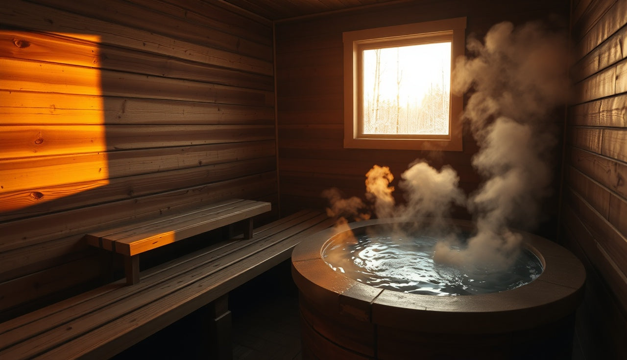 Cedar sauna interior with hot stones and steam, birch forest visible outside window
