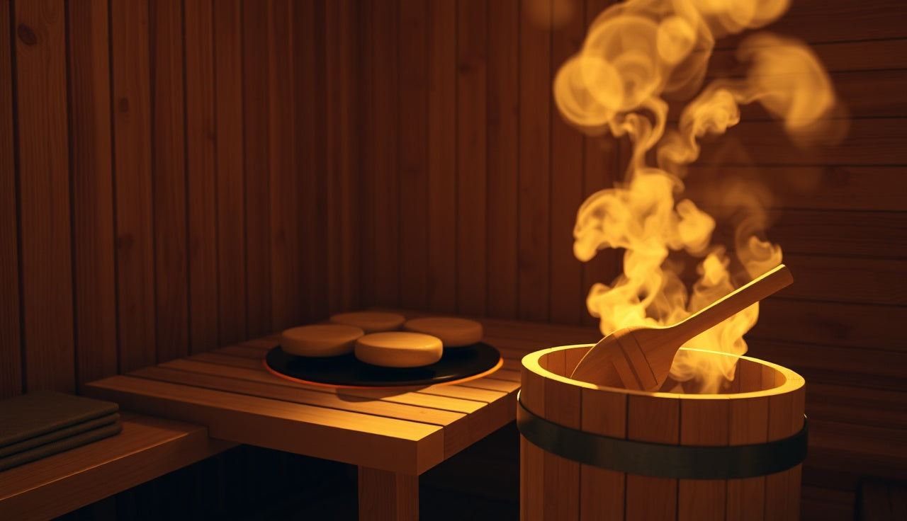 Interior of a wood-paneled Finnish sauna with glowing heater stones and rising steam