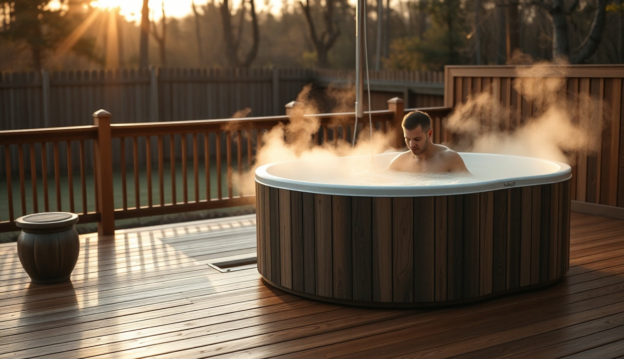 Man stepping into a cold plunge tub on an outdoor cedar deck at dawn