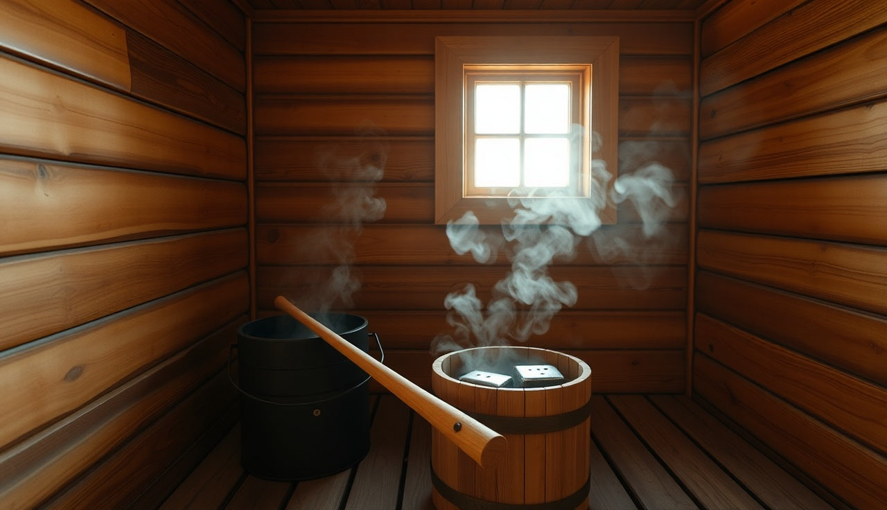 Empty Finnish wooden sauna interior with hot stones and steam rising