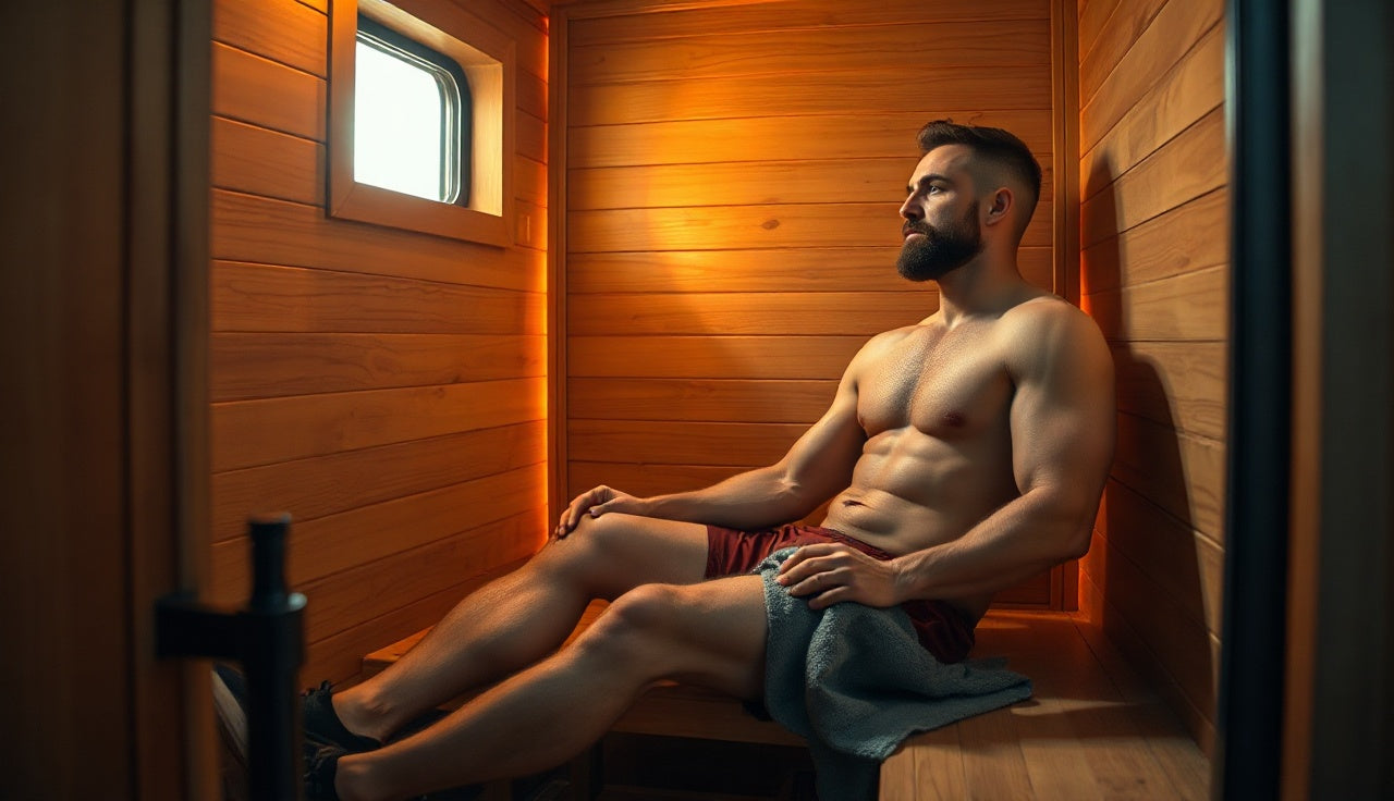 Man resting in a glowing infrared sauna cabin after a workout