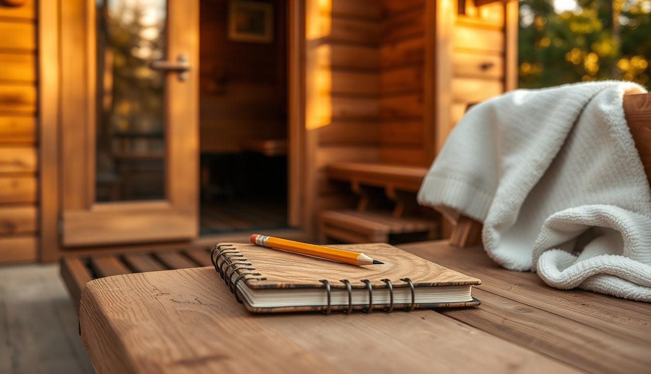 Notebook and pencil on cedar bench outside a steaming sauna door