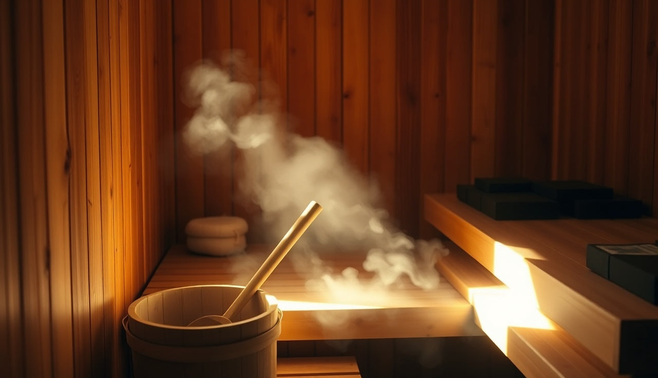 Empty cedar sauna with steam rising from sauna stones in soft morning light