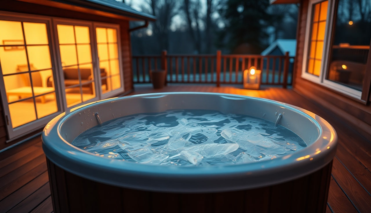 Empty cold plunge tub with ice water on a wooden deck at dusk
