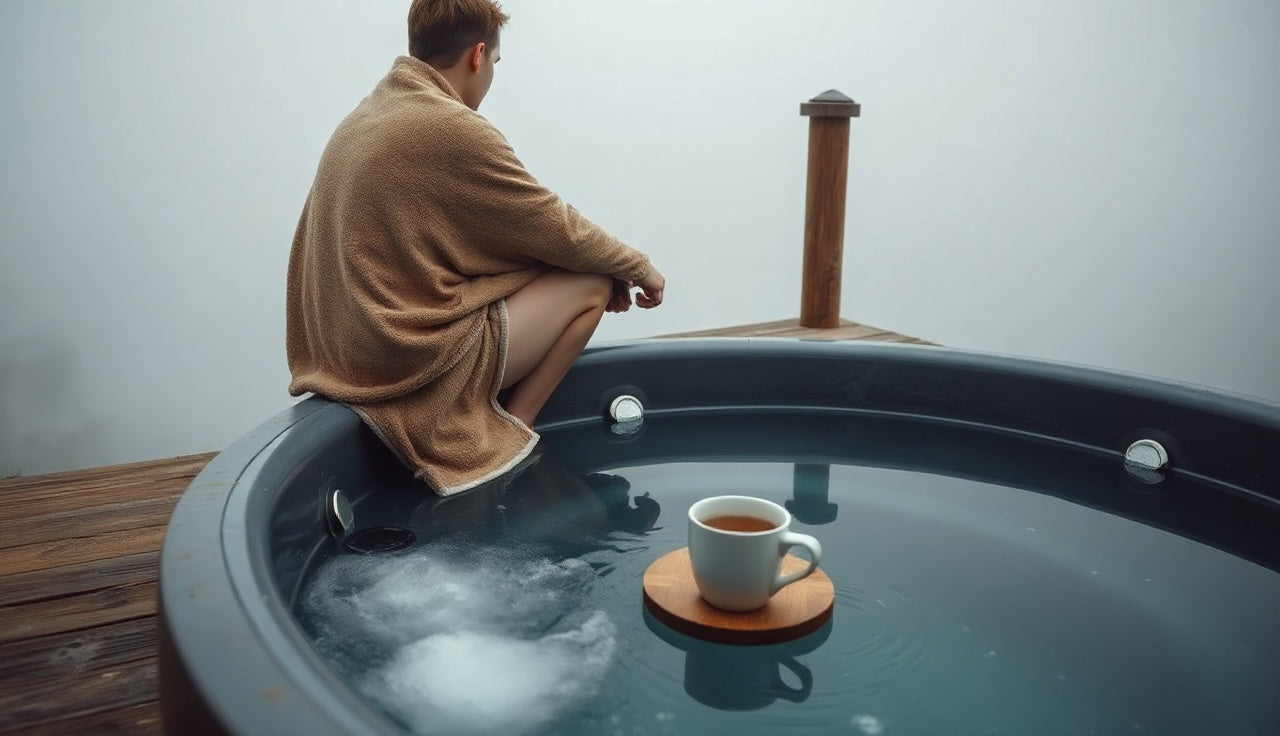 Person wrapped in towel resting beside a cold plunge tub while sick