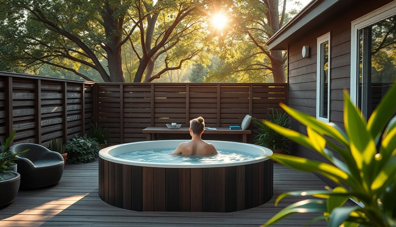 Person stepping into a cold plunge tub on a shaded outdoor deck