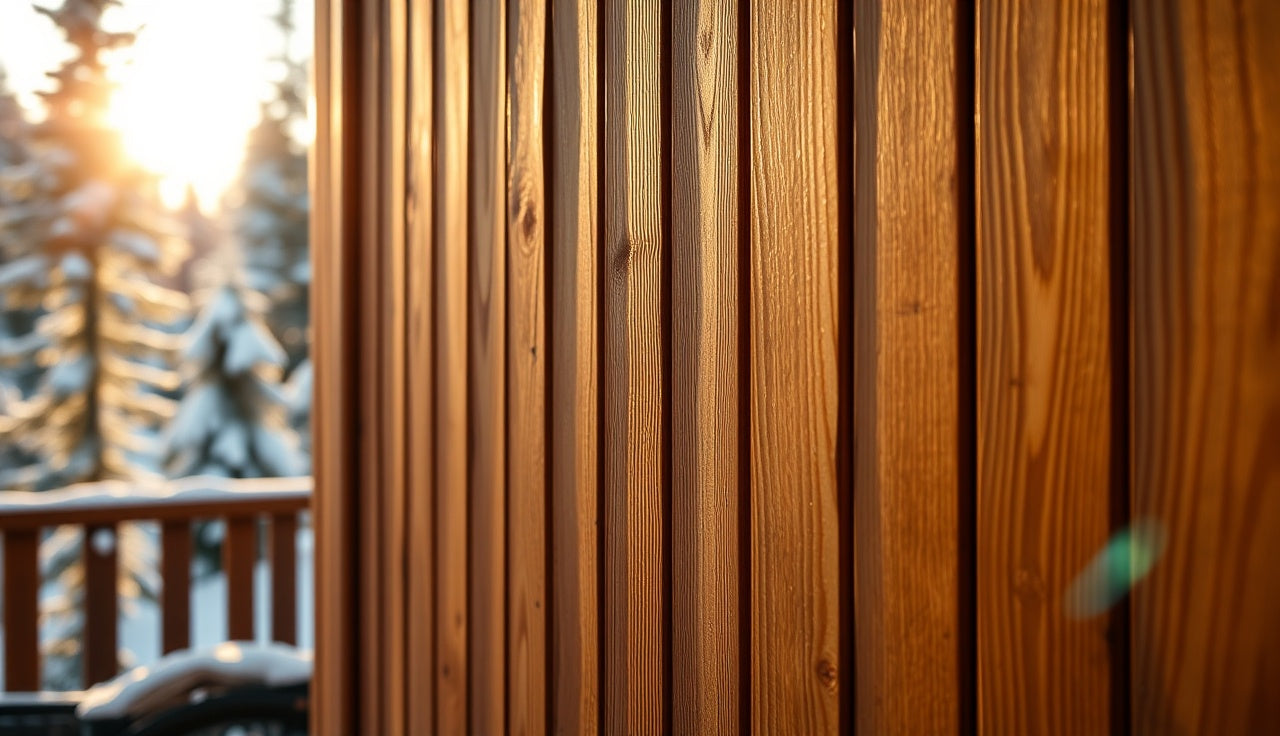 Thermally modified wood cladding boards on an outdoor sauna exterior in winter light