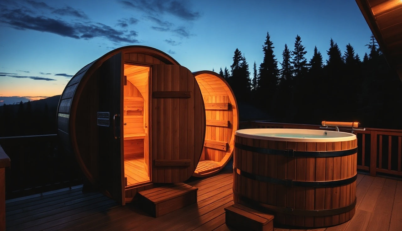 Barrel sauna and cold plunge tub side by side on a backyard deck at dusk
