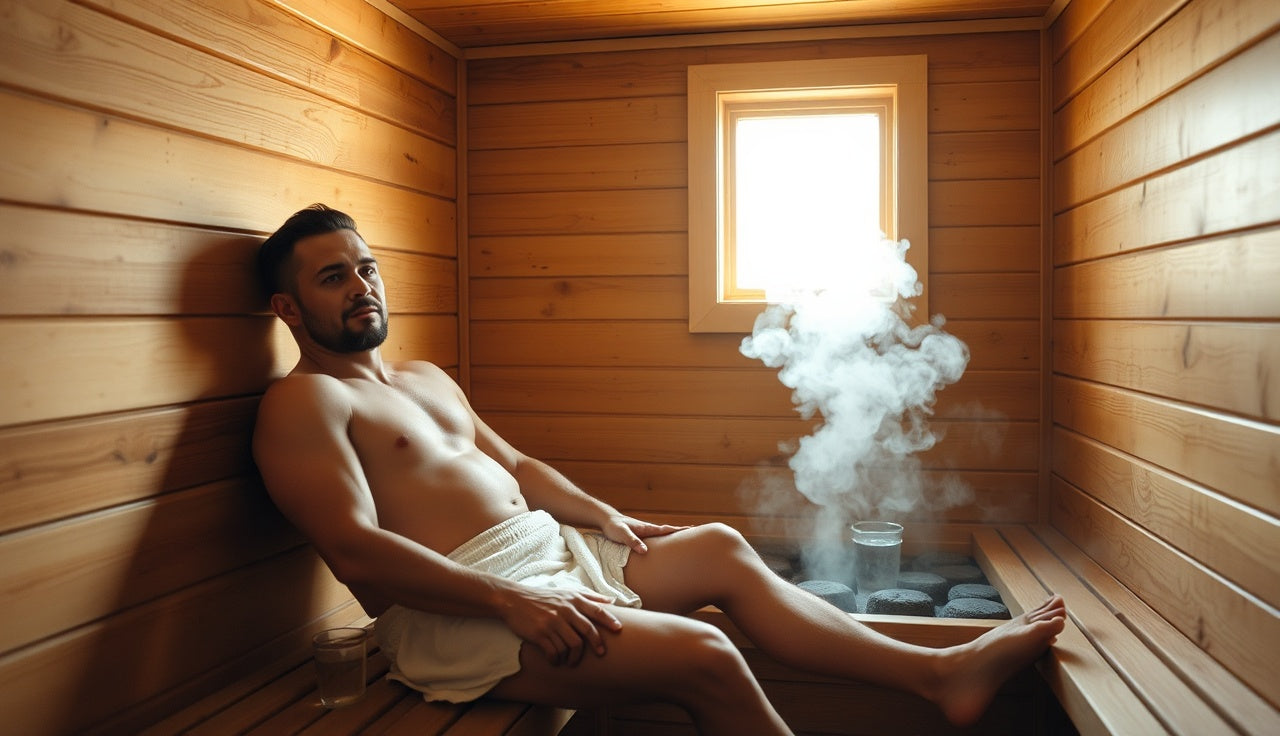 Man sitting in wooden Finnish sauna with steam and morning light