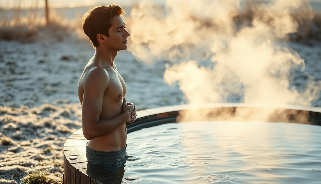 Person breathing slowly before entering an outdoor cold plunge tub at dawn