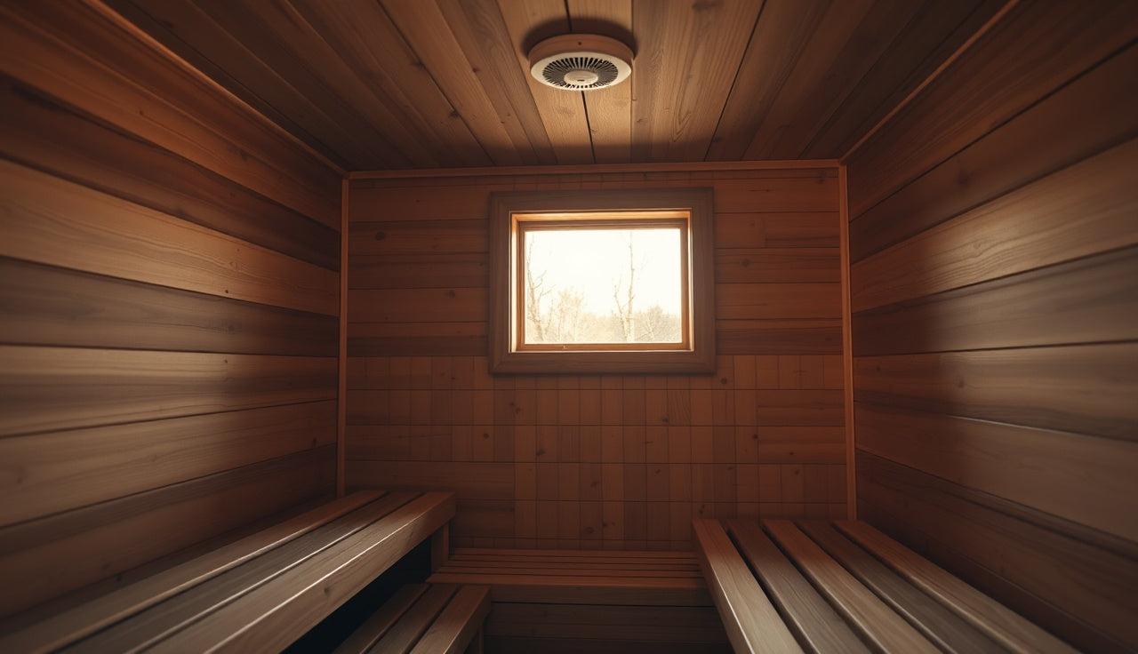Heat detector mounted on cedar ceiling inside a Finnish sauna cabin