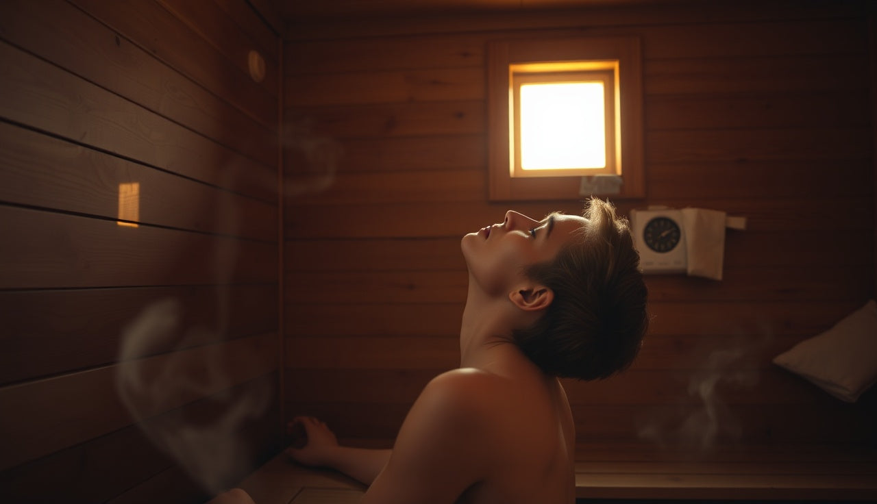 Person relaxing alone in a wooden Finnish sauna with steam rising