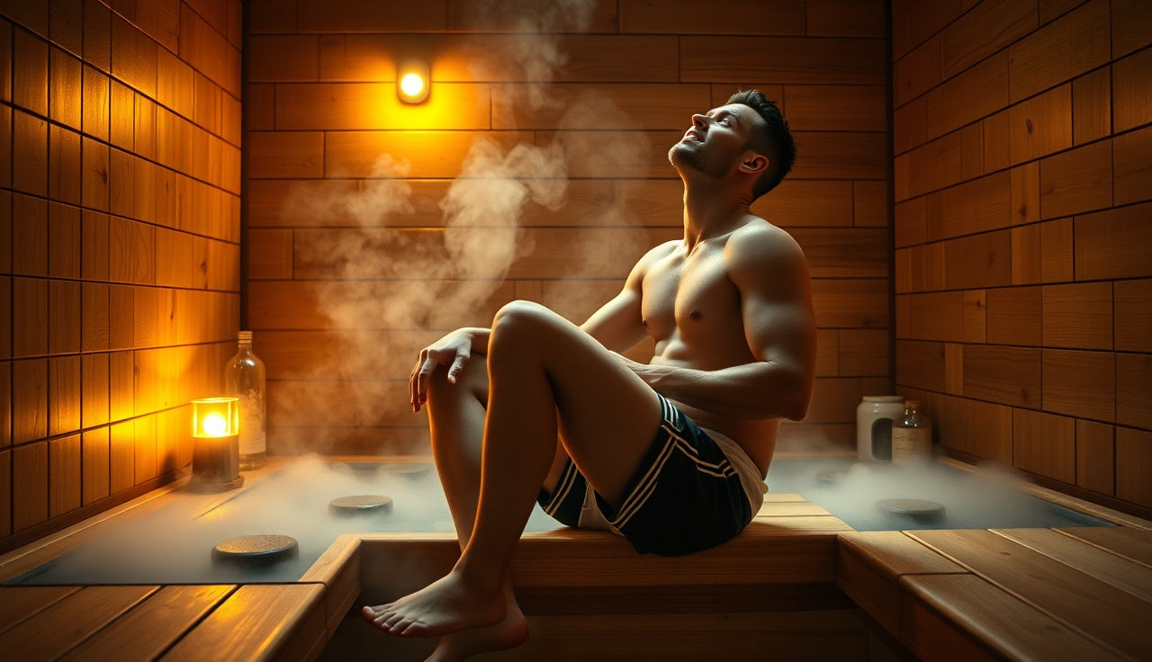 Male athlete resting in Finnish sauna during post-workout recovery session