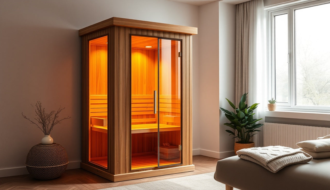 Compact wooden far infrared sauna with warm interior glow in a spare room