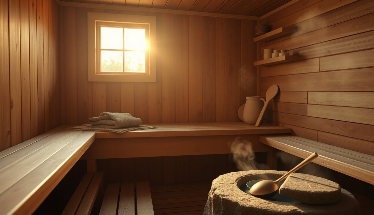 Wooden Finnish sauna interior with heated stones and rising steam for cardiovascular health sessions