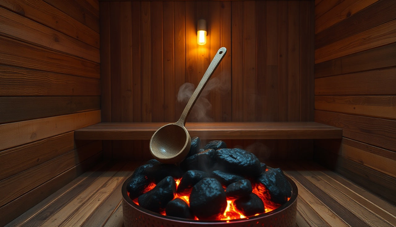 Cedar traditional sauna interior with hot rocks and rising steam at dusk