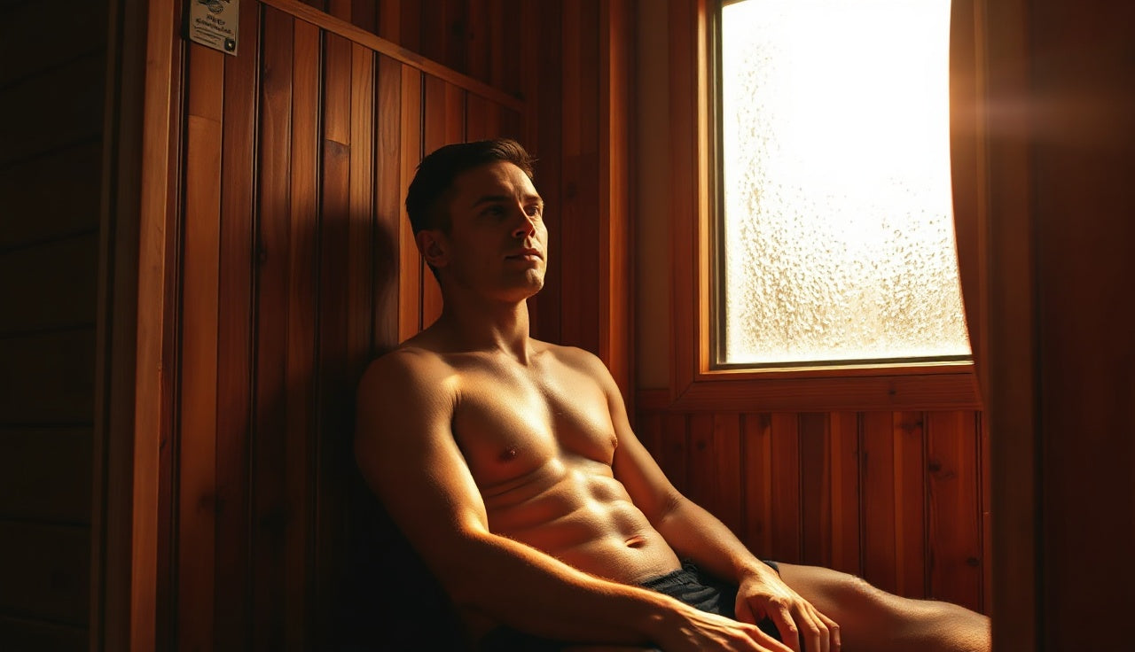 Person sweating inside a warm infrared sauna cabin during a 15-minute daily session