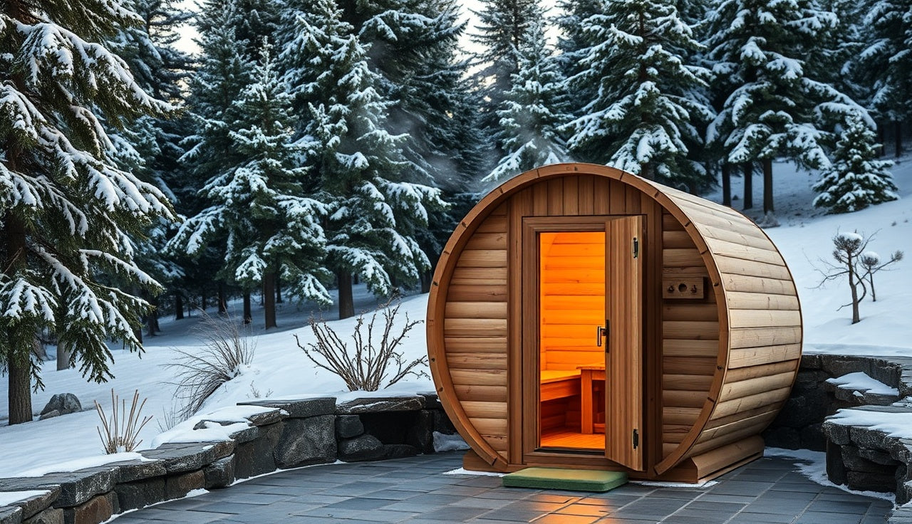 Cedar barrel personal sauna on a snowy patio with warm interior glow