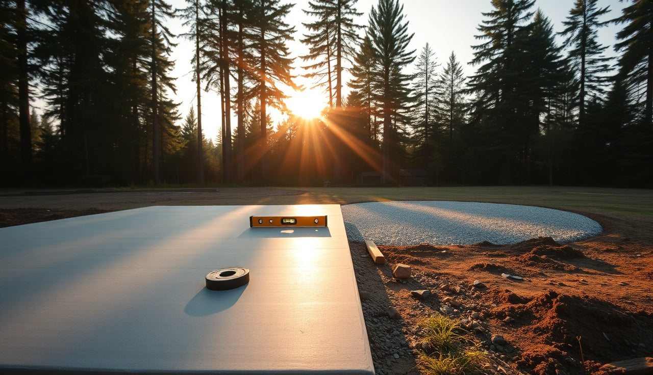 Concrete slab and compacted gravel pad side by side outdoors as sauna foundation options