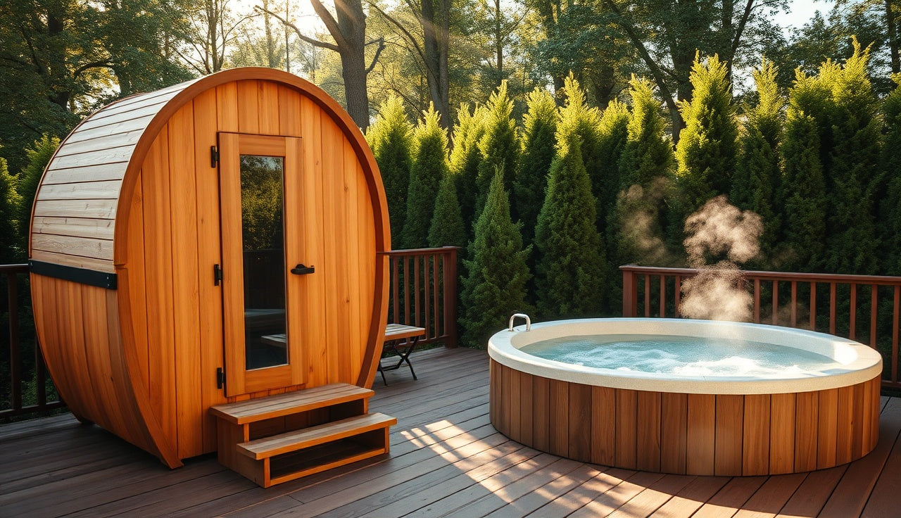 Backyard sauna and cold plunge tub on a cedar deck surrounded by green screening plants
