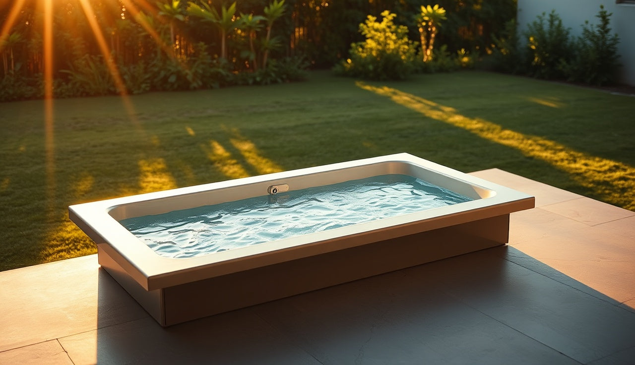 Cold plunge tub on a concrete patio with garden and golden hour light