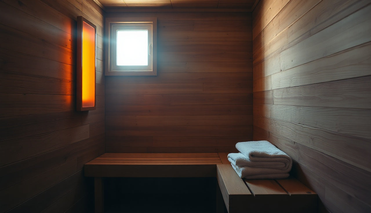 Cedar infrared sauna interior with glowing panel heaters and wooden bench