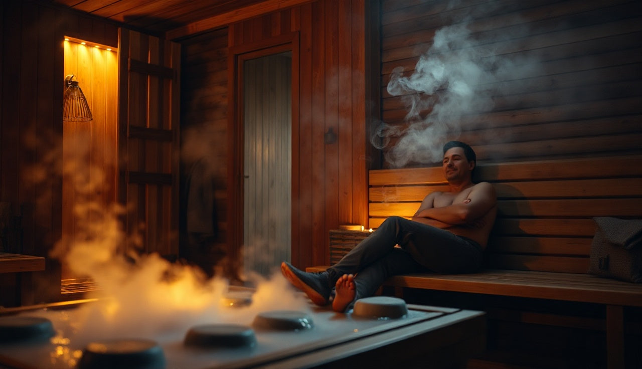 Man sitting on wooden bench inside a steamy traditional sauna with glowing stones