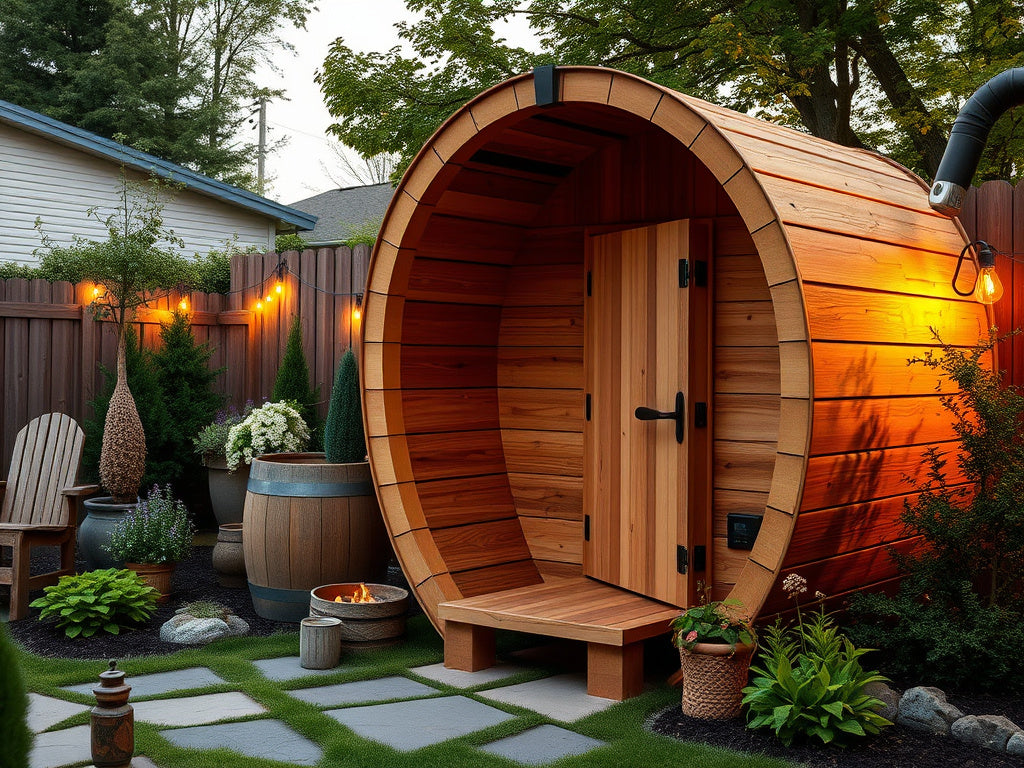 Outdoor sauna in backyard setting