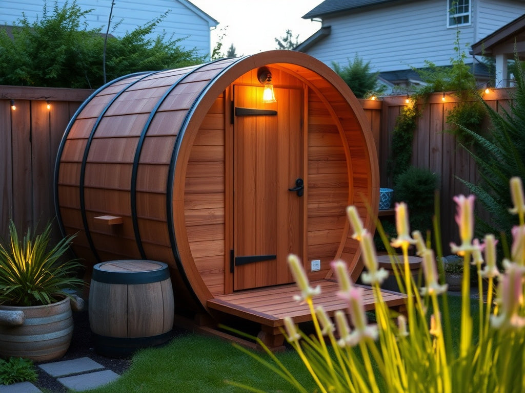 Outdoor sauna in backyard setting