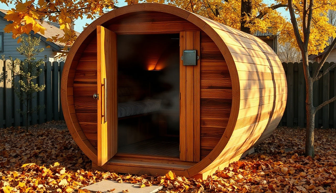 Cedar barrel sauna outdoors with steam rising from the door on an autumn morning