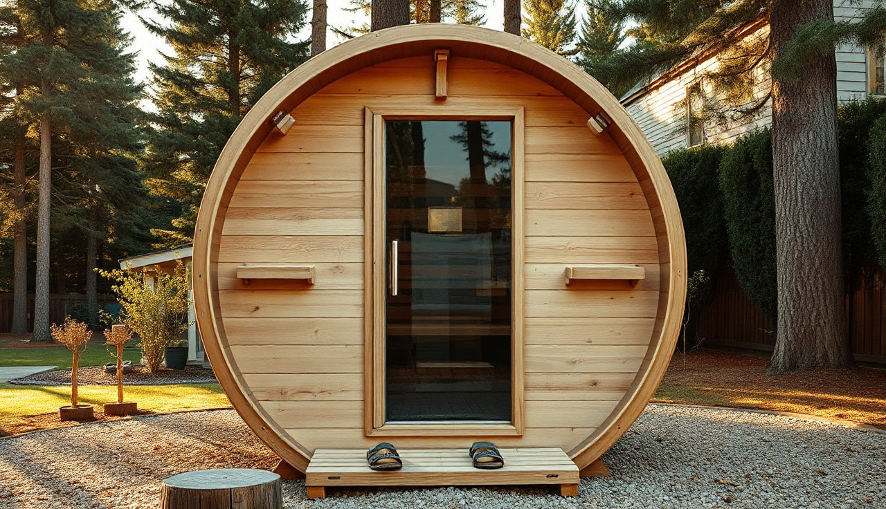 Cedar barrel sauna on gravel pad in pine tree backyard, afternoon light