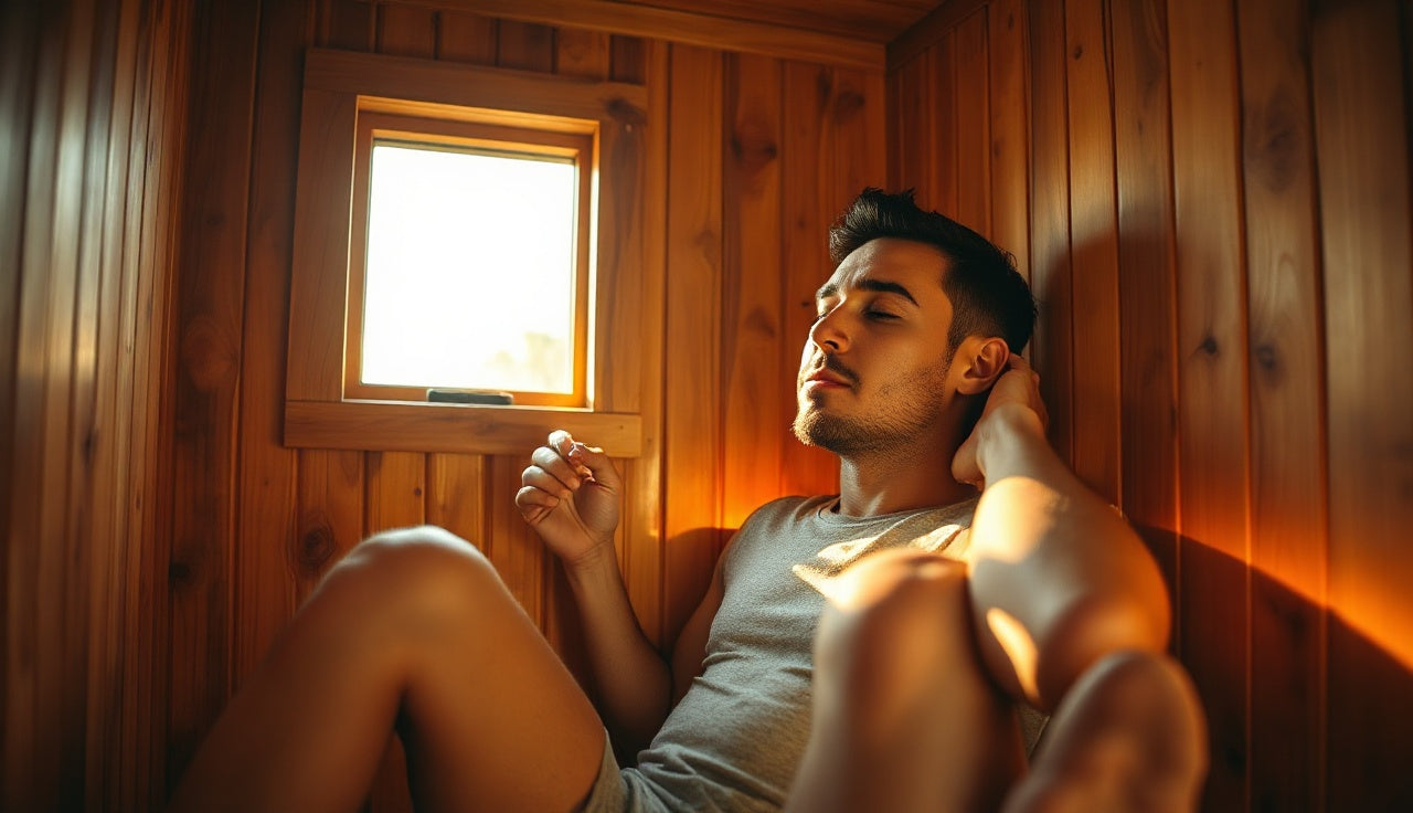 Person sweating inside a cedar infrared sauna with warm amber panel glow
