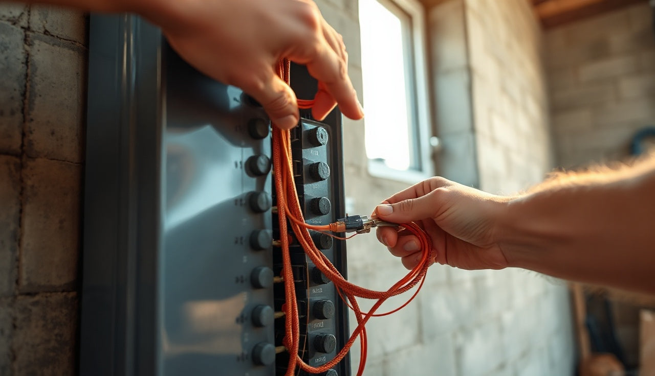 Hands wiring a 240V breaker panel for a sauna heater installation