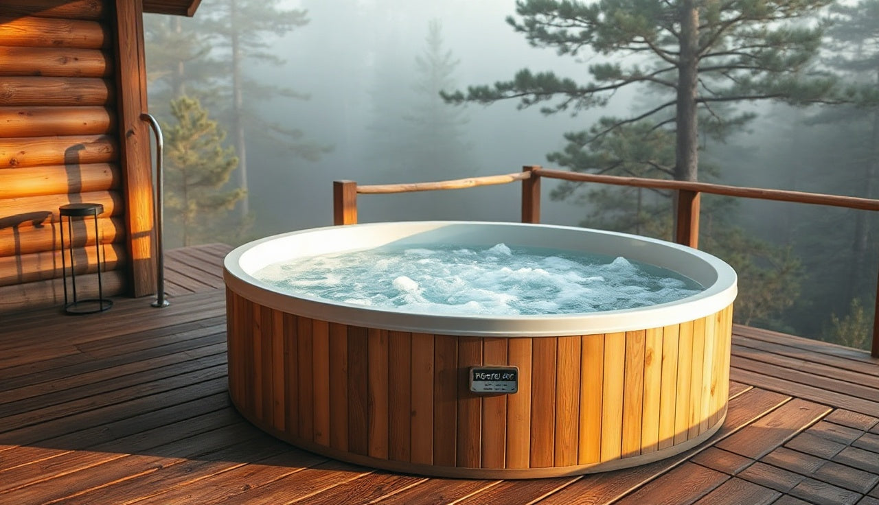 Clear cold water filling a low maintenance cold plunge tub on a cedar deck at dawn