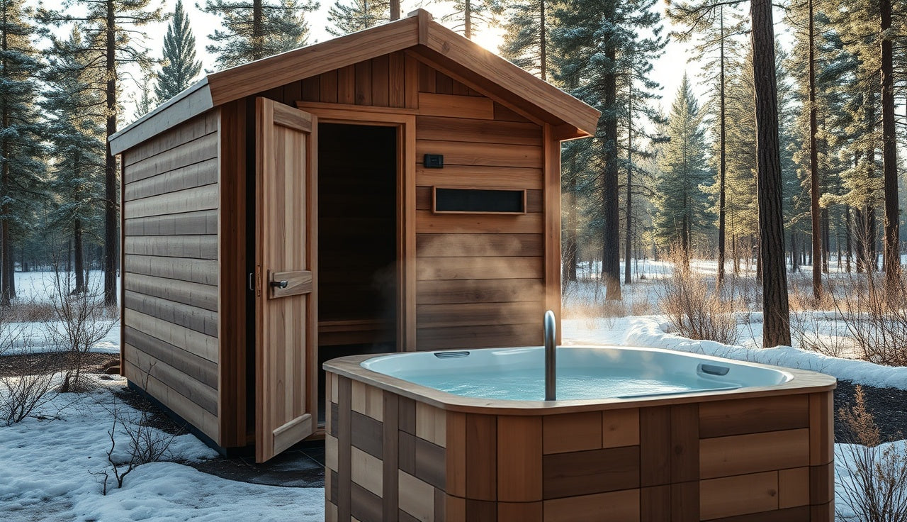 Steam rising from outdoor sauna next to cold plunge tub in winter morning