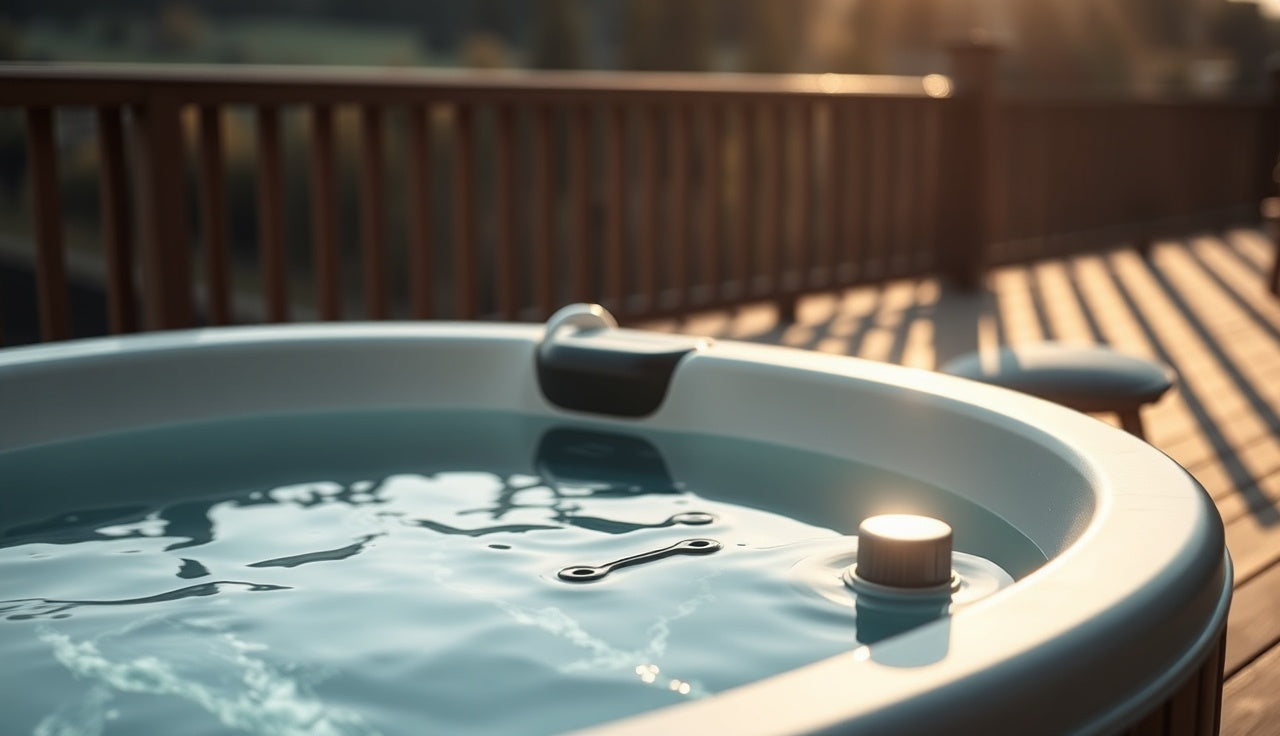 Outdoor cold plunge tub with pump and filter system on a wooden deck