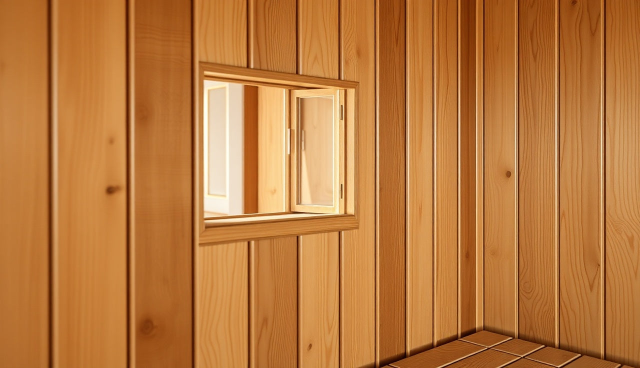 Cedar tongue and groove sauna wall boards with tight natural wood joints in warm light