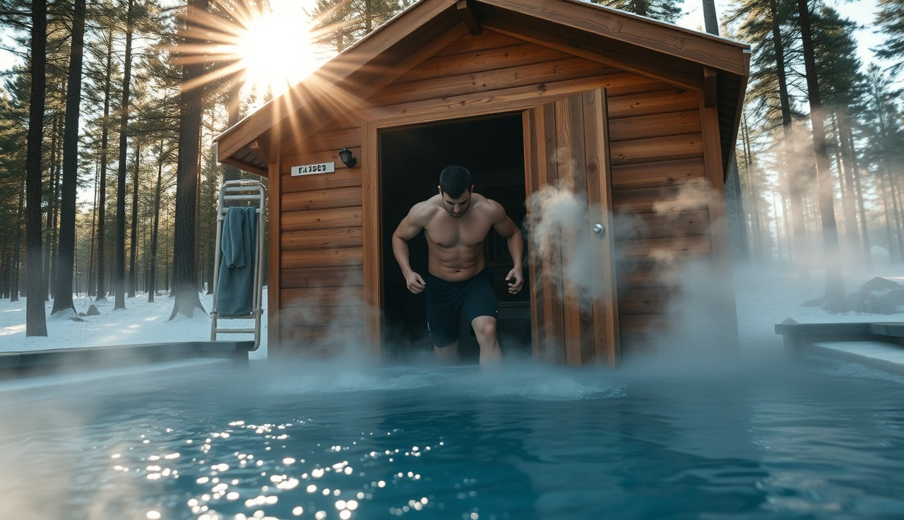 Man moving from outdoor sauna to cold plunge tub during contrast therapy session