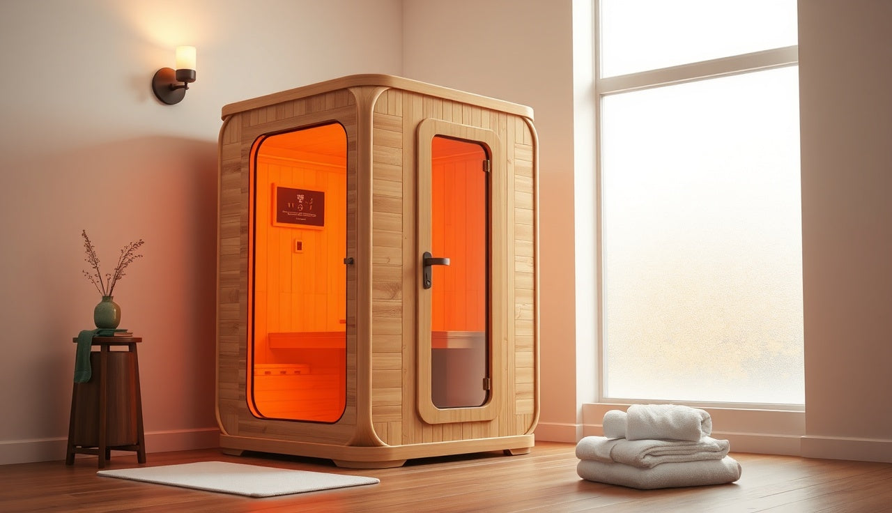 Portable infrared sauna pod set up in a warm minimalist bathroom with towel