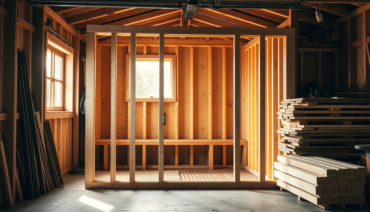 Bare 2x4 framing of a small indoor sauna in a garage workshop