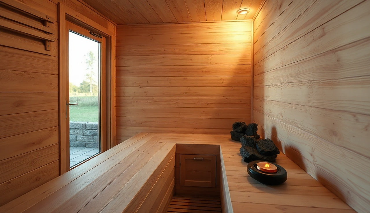 Interior of a DIY cedar sauna room with wooden benches and electric heater