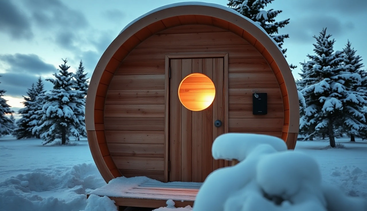 Large cedar barrel sauna glowing with warm interior light in a snowy backyard