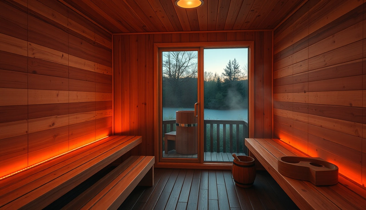 Cedar-lined custom infrared sauna interior with warm LED lighting and glass door
