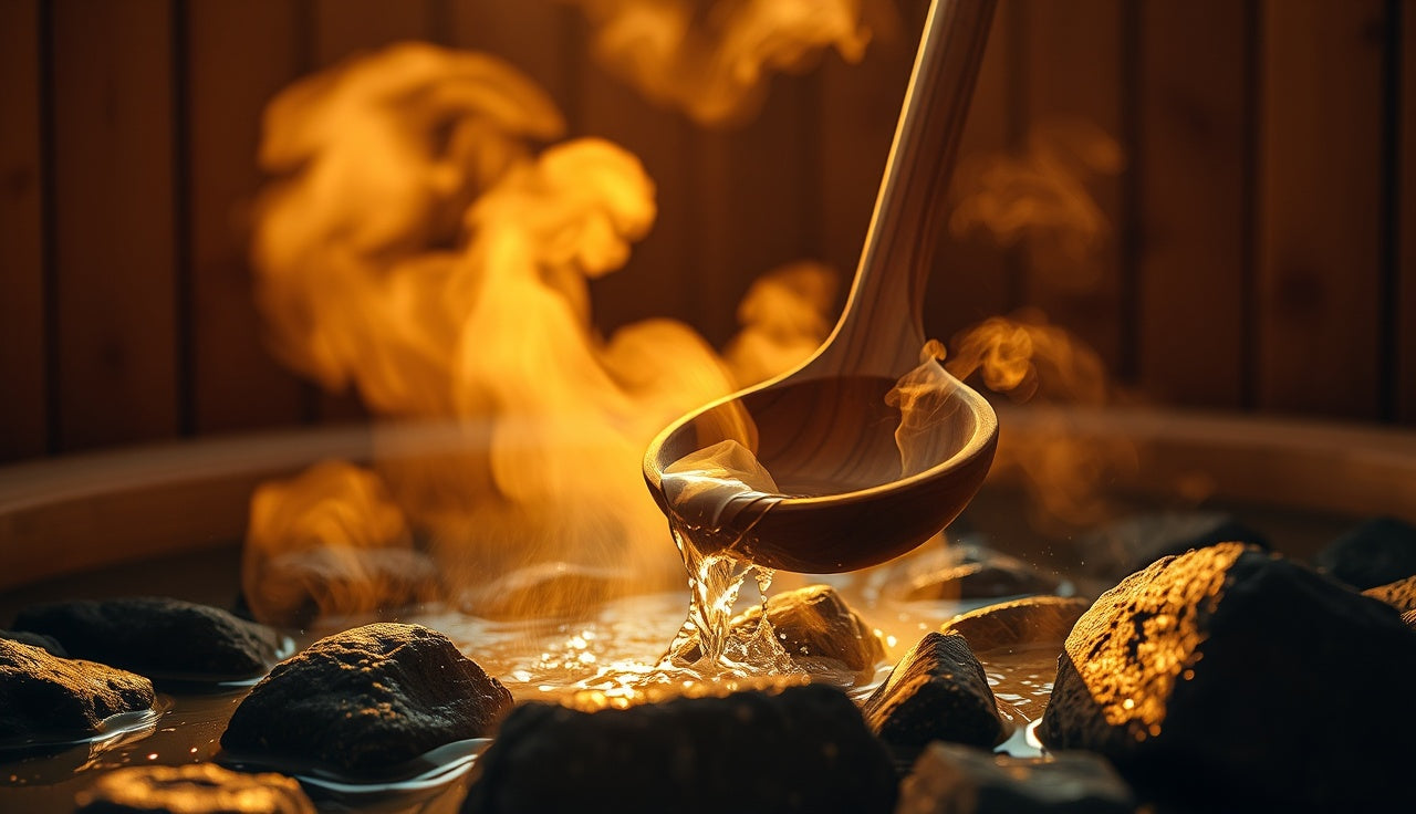 Steam rising from sauna rocks as water is poured in a wooden Finnish sauna